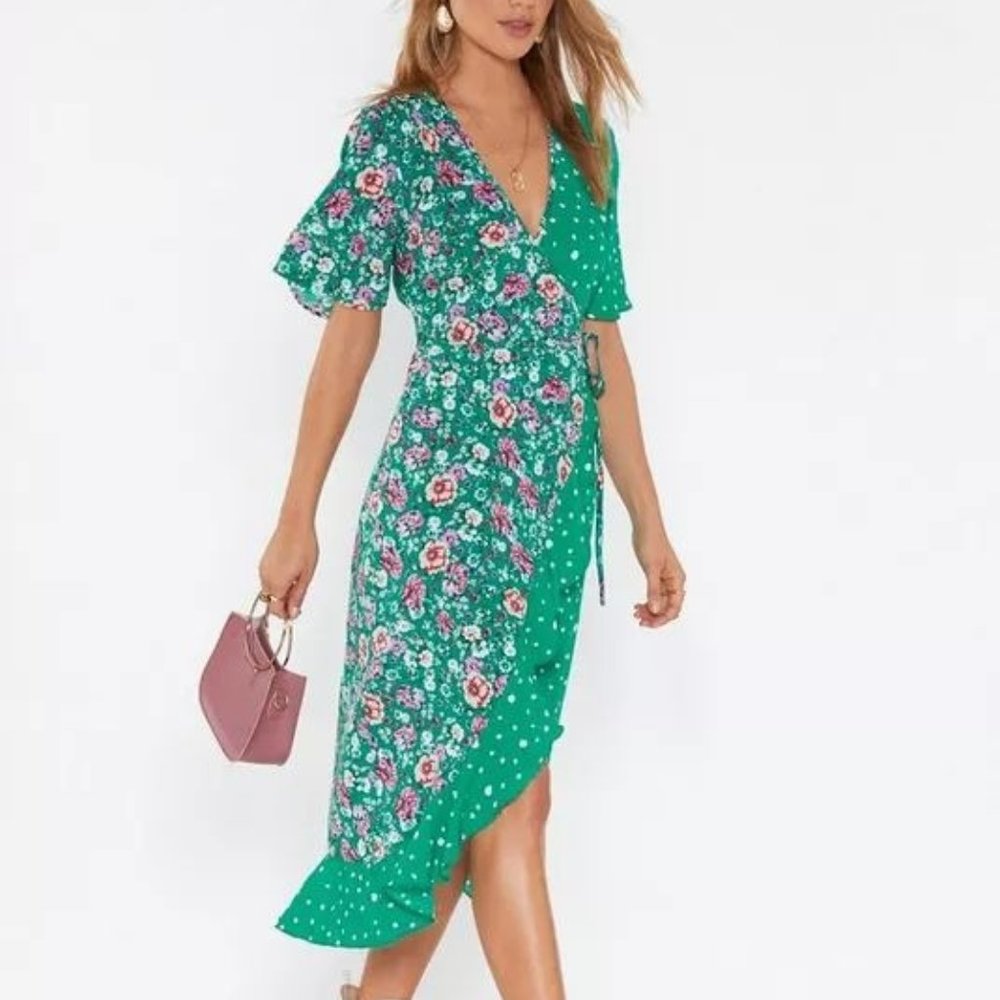 NASTYGAL Green Floral Polka Dot Midi Dress